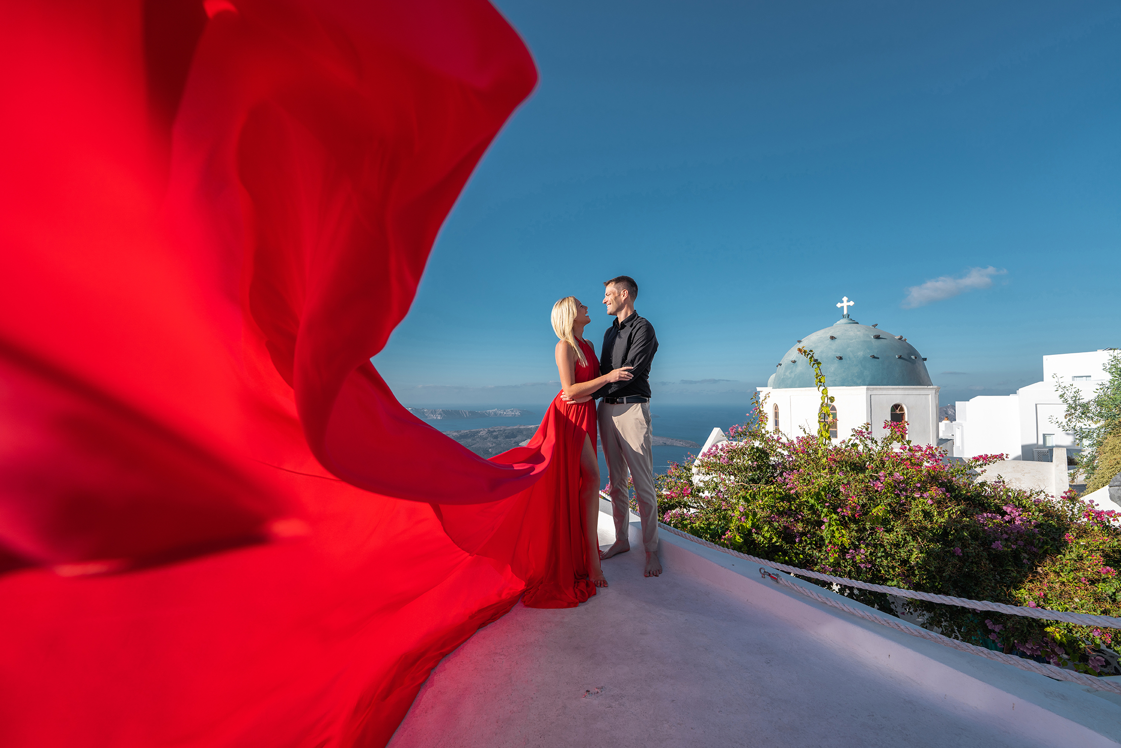 flying dress photoshoot in Santorini