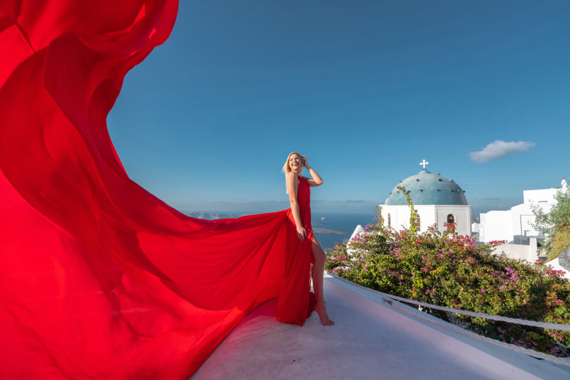 flying dress photoshoot in Santorini